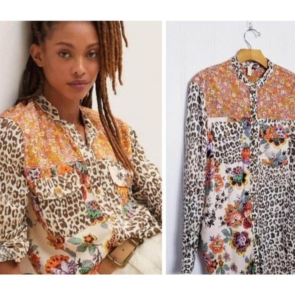 Anthropologie Pilcro Button Down top Size S Multi Pattern Animal Floral long sl